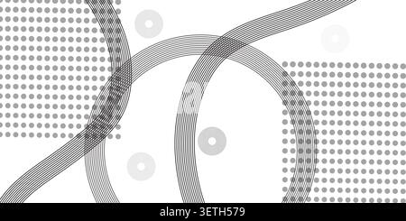 Modern minimalist background combining halftone dot grids with dynamic curved linear elements. Creative distribution of circles and spheres creates a Stock Vector