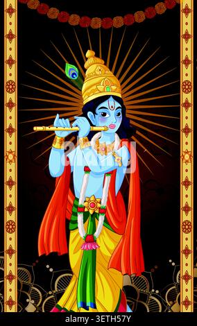 Traditional Indian art style vector of blue deity playing flute against a radiant background. Stock Vector