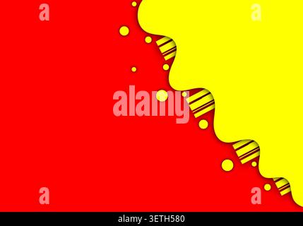 Dynamic layout featuring bright yellow liquid wave on solid red field. Decorative yellow circles and diagonal striped rectangles create energetic pop Stock Vector