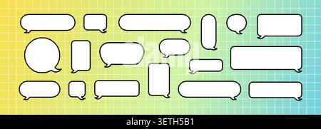 Different geometric bubble frames. Vector dialog box or game chat balloon. Cute pixel illustration for note message on grid background Stock Vector