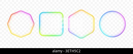 Bright iridescent gradient frame set. Blurred multicolor glowing border collection. Vibrant rainbow color square, circle, hexagon banner element pack. Colorful vivid box template bundle. Vector Stock Vector