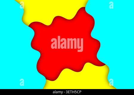 Interlocking fluid shapes in red and cyan create dynamic contrast against bright yellow. Abstract wavy background. Stock Vector
