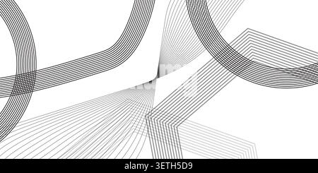 Monochrome abstract illustration featuring sharp angular intersections and smooth circular paths. High contrast linear patterns create a technical and Stock Vector