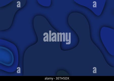 Sophisticated navy blue wavy layers with shadows, abstract liquid paper cut out aesthetic, deep sea inspired fluid shapes, professional dark backdrop Stock Vector