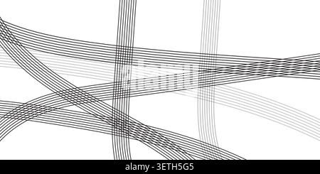 Minimalist graphic composition featuring dynamic linear patterns across empty space. Elegant overlapping ribbons of thin parallel lines create depth a Stock Vector
