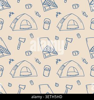 Camping equipment and outdoor adventure seamless pattern doodle vector Stock Vector