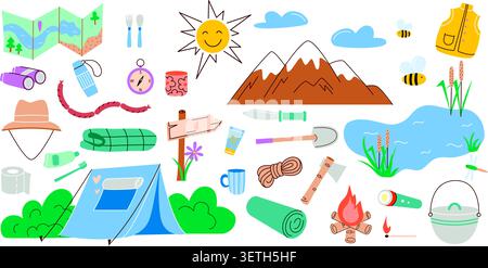Set of items themed around hiking, summer camp, fishing Stock Vector