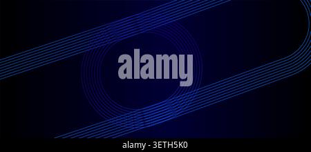 Sleek deep blue design featuring glowing circular lines and straight parallel paths. Elegant vector graphic for corporate identity and professional di Stock Vector