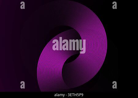 Abstract purple glowing spiral lines form an elegant curved shape on dark background. Modern design, vibrant colors and smooth gradient, artistic digi Stock Vector