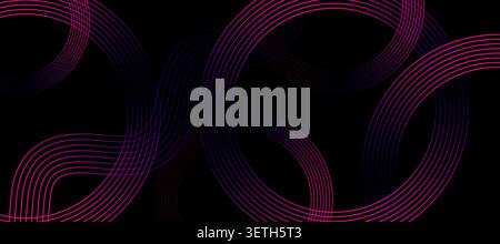 Dark background with neon glowing pink and purple intertwined wavy circles, forming a modern abstract design with intricate patterns and vibrant color Stock Vector