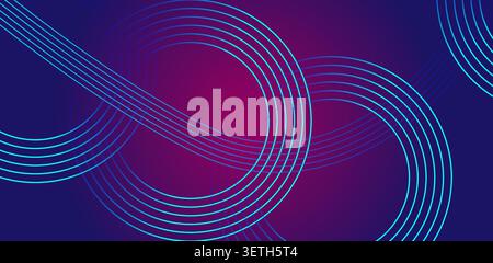 Abstract background featuring vibrant glowing blue and purple circular lines, creating an interconnected and dynamic futuristic pattern against a grad Stock Vector