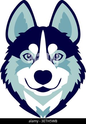 Flat illustration of a blue gray husky wolf style dog face with pointed ears layered fur and bright eyes Stock Vector