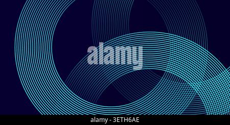 Abstract composition features vibrant blue and teal parallel lines. these lines form intertwined circular patterns, creating a dynamic visual. dark na Stock Vector