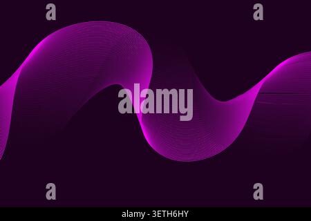 Abstract dark purple background featuring a bright pink wavy line composed of many parallel thin lines. Stock Vector
