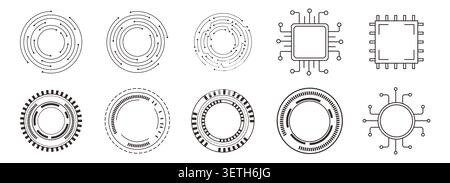 Technology set circles circuit scheme motherboard texture, circle line dots connection. Ai chip electronics lines, circles engineering technology. Data tech bg . Vector illustration Stock Vector
