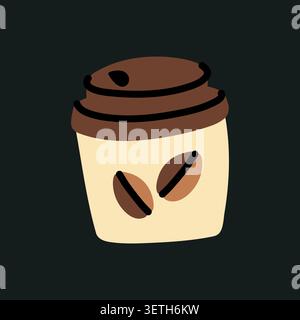 Coffee cup vector illustration with beans on a dark background. Cozy autumn takeaway hot drink icon. Hand drawn cafe elements for perfect fall mood Stock Vector