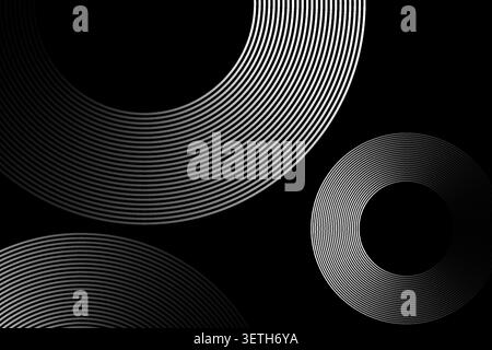 Monochromatic dark background with abstract white lines forming dynamic, layered circular patterns creates a sleek, modern visual with subtle depth. Stock Vector
