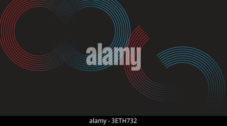 Contemporary abstract art featuring dynamic red and blue curved lines creating circular patterns and flowing shapes on a dark canvas Stock Vector
