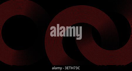 Intertwined red rings creating complex geometric pattern on dark field. Symmetrical digital art with glowing neon red tones. Minimalist background for Stock Vector