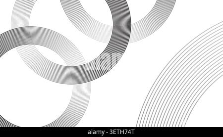 Abstract background features flowing grayscale lines forming multiple overlapping circles and dynamic curves on a clean white backdrop, creating an el Stock Vector
