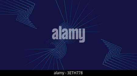 Striking horizontal black backdrop featuring two interlocking circular rings composed of multiple concentric thin lines with text for modern branding Stock Vector