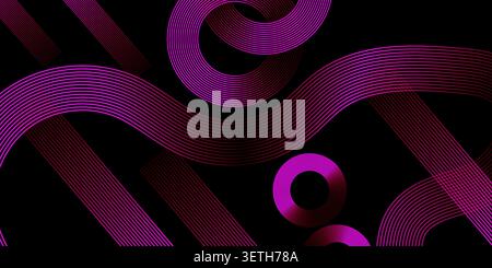 Modern abstract illustration with flowing magenta ribbon paths and circular shapes. High contrast digital art featuring multiple parallel glowing line Stock Vector