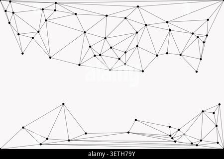 Sophisticated black and white technical illustration featuring intricate polygonal structures. Mirrored patterns of interconnected nodes suggest data Stock Vector