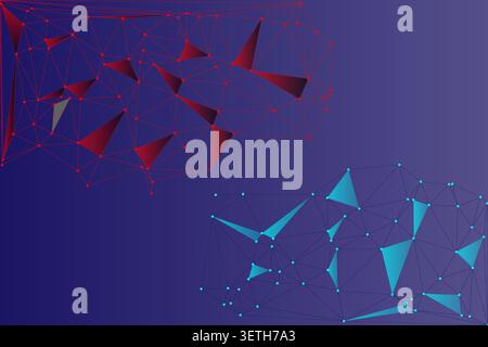 Abstract low poly design with interconnected red and cyan triangles against dark blue background, forming modern technology or network patterns, sugge Stock Vector