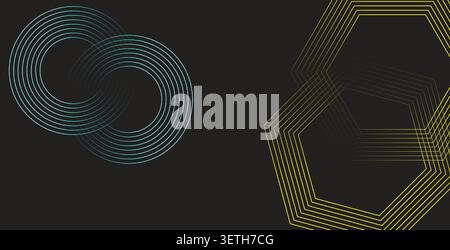 Modern abstract visual with intertwined teal circular lines forming infinity and overlapping yellow hexagonal geometric forms on black background Stock Vector