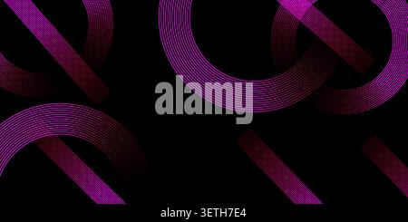 Abstract background with constantly moving shapes, glowing purple lines, and various geometric elements against a dark backdrop, creating a dynamic vi Stock Vector