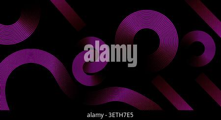 Abstract background with moving curved lines and circular shapes illuminated by neon light, creating a modern digital art design with a dark backdrop. Stock Vector