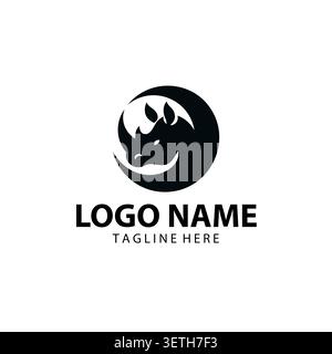 Rhino head silhouette logo template with crescent moon combination in flat design monogram illustration Stock Vector