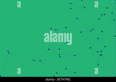 Abstract network of dark blue dots and connecting teal lines on a rich emerald green background, creating a complex and vibrant geometric pattern, ide Stock Vector