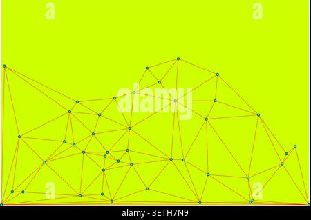 Abstract network of light blue dots and connecting red lines on a vibrant yellow background, creating a dynamic and bright geometric pattern, suitable Stock Vector