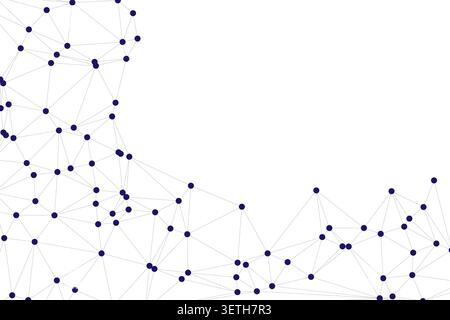 Geometric pattern of navy blue circles and thin grey lines on white background showing plexus effect and node connections for web technology concept a Stock Vector
