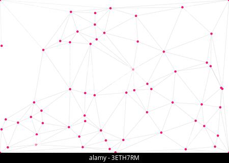 Abstract low poly connection background features geometric wireframe with bright pink nodes. Triangular mesh pattern illustrates digital network or te Stock Vector