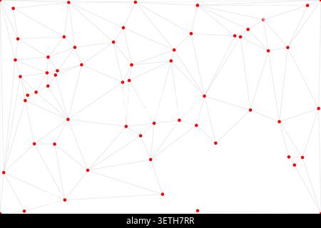 Abstract visual representation of network connections with numerous red dots linked by light gray lines, illustrating concept of data flow, communicat Stock Vector