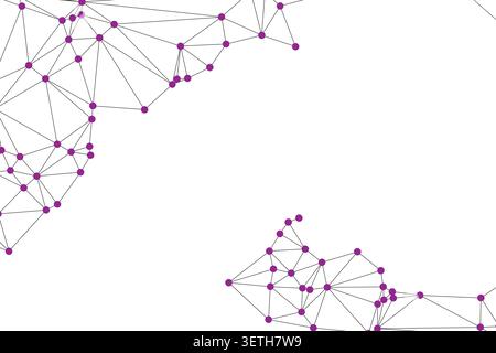 Creative purple geometric lattice with circular nodes forming asymmetrical borders on clean white backdrop suitable for healthcare and biological rese Stock Vector