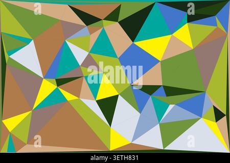 Triangular shapes form abstract composition. Vibrant color palette includes green, brown, yellow, and blue. Modern digital artwork background. Stock Vector