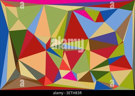 Dynamic polygonal art filled with triangles. Bold colors like red, blue, pink, and orange create vibrant composition. Modern abstract background. Stock Vector