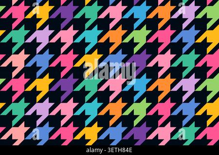 Houndstooth vector seamless pattern with bold vibrant colors on dark background, dogstooth striped check for textile and fabric design Stock Vector