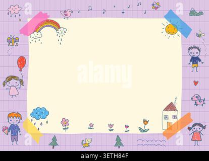 Vector paper note with childlike drawings taped with washi tape, Blank notebook sheet with cute naive kids doodles for summer camp, school education d Stock Vector