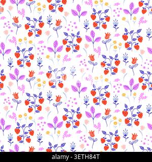 Strawberry and floral garden ditsy pattern background vector pattern Illustration Stock Vector