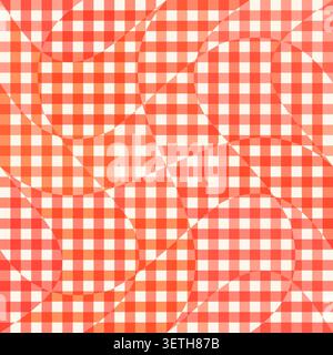 Red and white gingham seamless vector pattern with warped curved waves optical illusion effect, Fun check for summer picnic and bbq designs Stock Vector