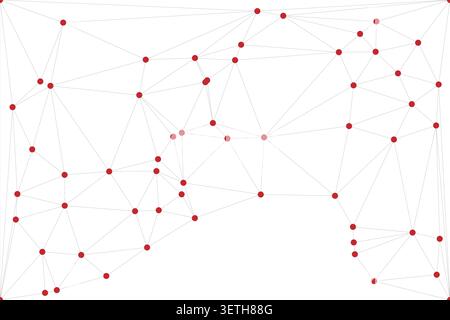 Minimalist digital communication concept showing connected red dots and gray lines. Modern technical structure representing global networking, data tr Stock Vector