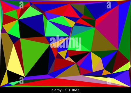Dynamic abstract art with sharp triangular shapes. Vivid hues of green, blue, red, and yellow intermingle in a complex geometric arrangement. Stock Vector