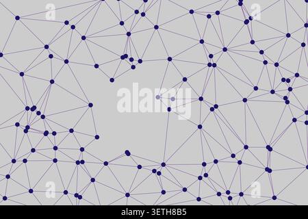 Geometric purple line network with blue dots on grey background. Abstract technology concept representing data connection and digital structure. Stock Vector