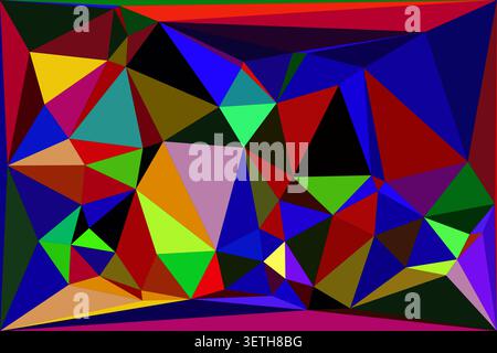 Bold low poly composition featuring deep shadows and highlights in red blue and yellow. Striking geometric pattern creates depth and dimension through Stock Vector