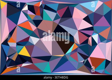 Geometric low poly background with abstract triangular shapes, diverse color palette including blue, purple, and orange, creating modern digital artwo Stock Vector