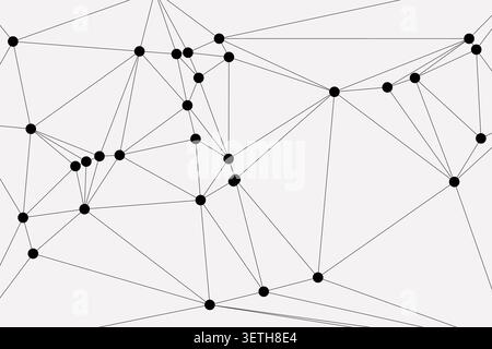intricate graphic pattern features a high density of black dots joined by straight lines, creating a detailed and complex web of connections against a Stock Vector